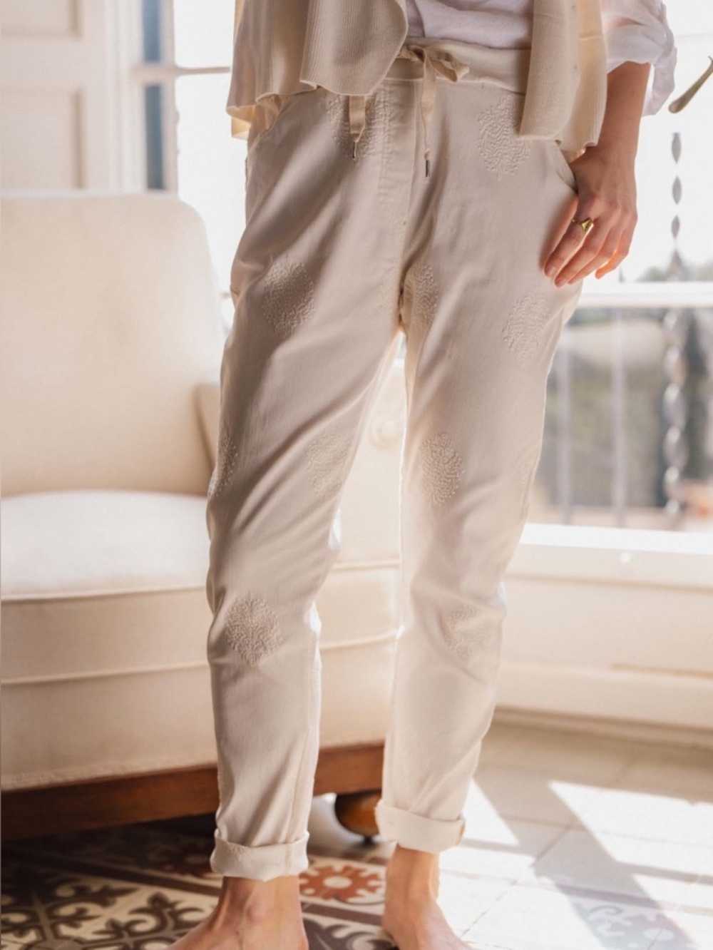 Nina Kendosa Paris Aurelio Tan Embroidered Stretch Pants Drawstring - OS (6-10)